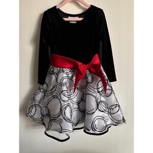 Toddler Formal Dress | Black/White/Silver Multi - Red Bow | Size 4T | Poly Blend